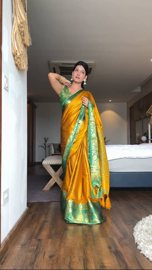Gold blended cotton woven zari work saree with blouse
