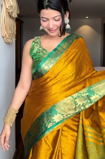 Gold blended cotton woven zari work saree with blouse