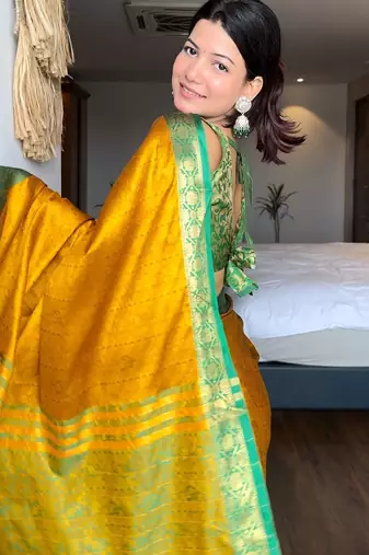 Gold blended cotton woven zari work saree with blouse