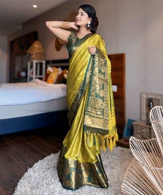Light green blended cotton woven zari work saree with blouse 1