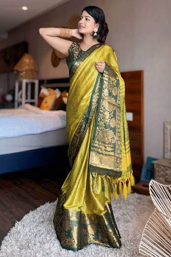 Light green blended cotton woven zari work saree with blouse