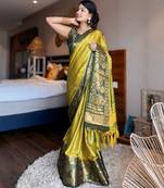 Light green blended cotton woven zari work saree with blouse