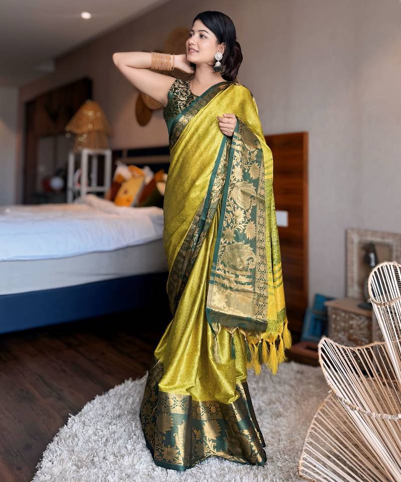 Light green blended cotton woven zari work saree with blouse