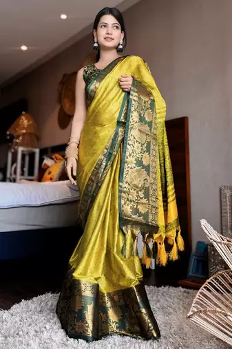 Light green blended cotton woven zari work saree with blouse