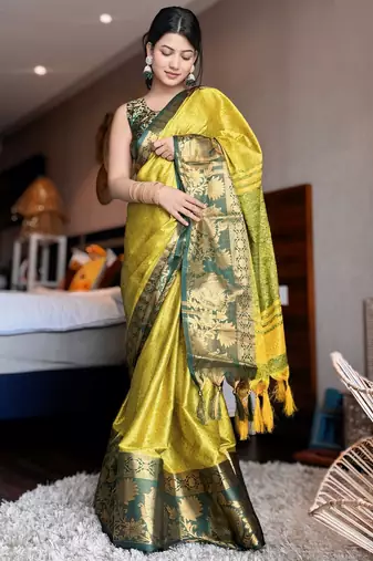 Light green blended cotton woven zari work saree with blouse