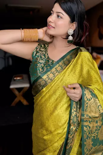 Light green blended cotton woven zari work saree with blouse