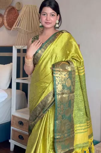 Light green blended cotton woven zari work saree with blouse