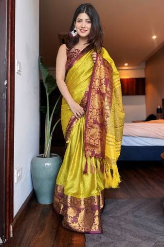 Light green blended cotton woven zari work saree with blouse