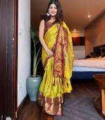 Light green blended cotton woven zari work saree with blouse
