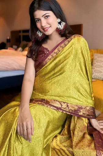Light green blended cotton woven zari work saree with blouse