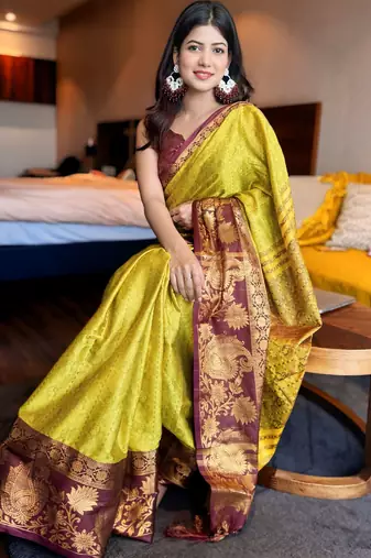 Light green blended cotton woven zari work saree with blouse