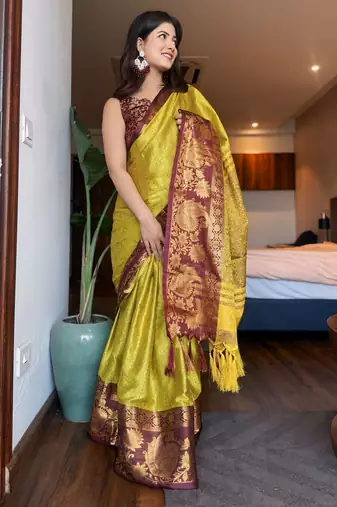 Light green blended cotton woven zari work saree with blouse