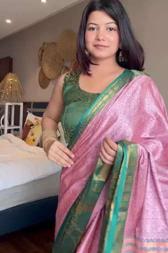 Pink blended cotton woven zari work saree with blouse