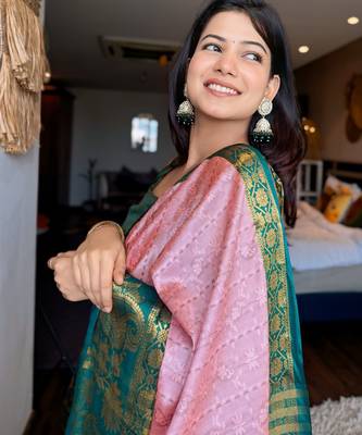 Pink blended cotton woven zari work saree with blouse 3