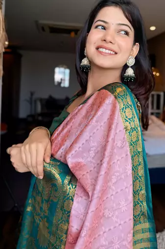 Pink blended cotton woven zari work saree with blouse