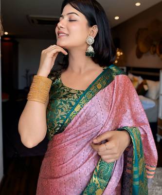 Pink blended cotton woven zari work saree with blouse 4