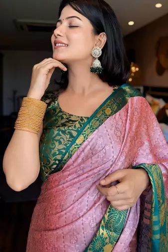 Pink blended cotton woven zari work saree with blouse