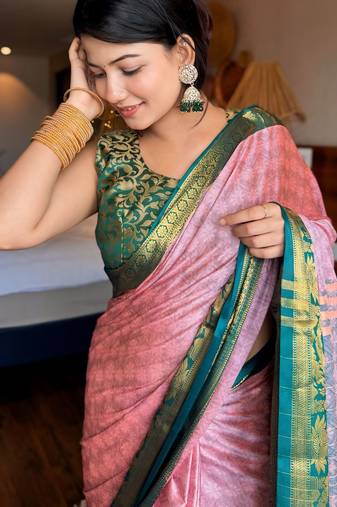 Pink blended cotton woven zari work saree with blouse