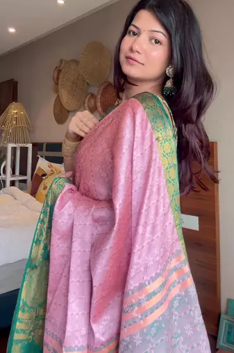 Pink blended cotton woven zari work saree with blouse