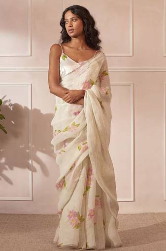 White linen printed zari work saree with blouse