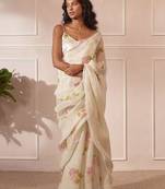 White linen printed zari work saree with blouse