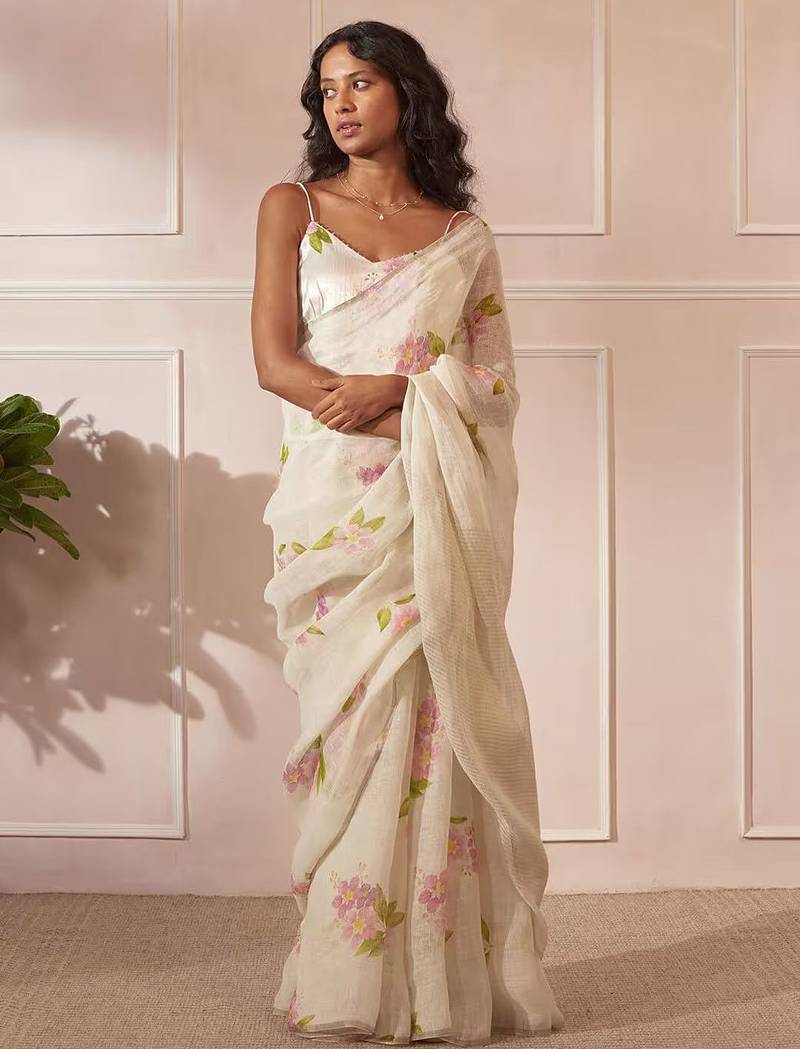 White linen printed zari work saree with blouse