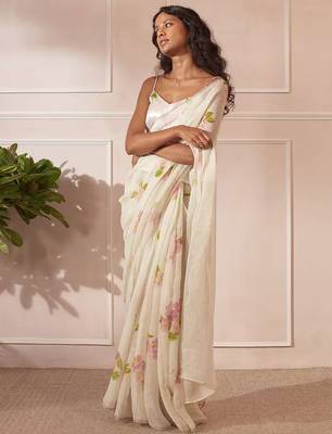 White linen printed zari work saree with blouse 2