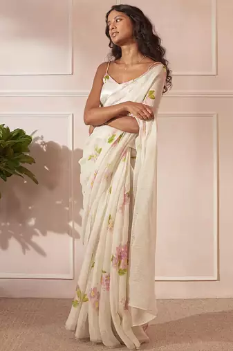 White linen printed zari work saree with blouse