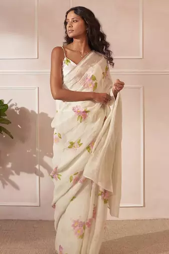 White linen printed zari work saree with blouse
