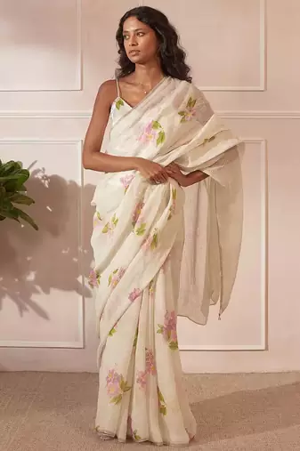 White linen printed zari work saree with blouse