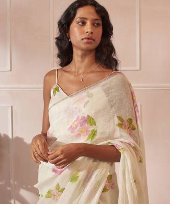 White linen printed zari work saree with blouse 5
