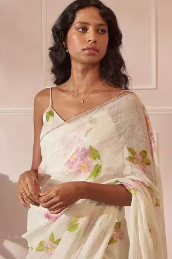 White linen printed zari work saree with blouse