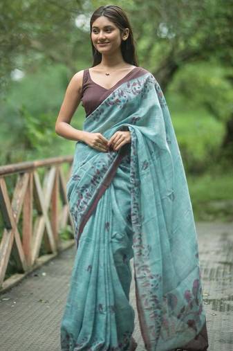 Dark blue brown linen printed zari work saree with blouse