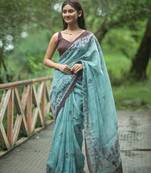 Dark blue brown linen printed zari work saree with blouse
