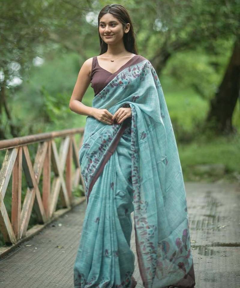 Dark blue brown linen printed zari work saree with blouse