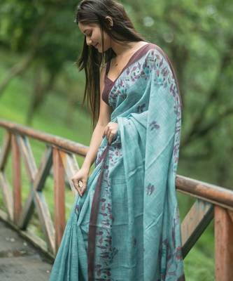 Dark blue brown linen printed zari work saree with blouse 2