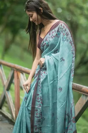 Dark blue brown linen printed zari work saree with blouse