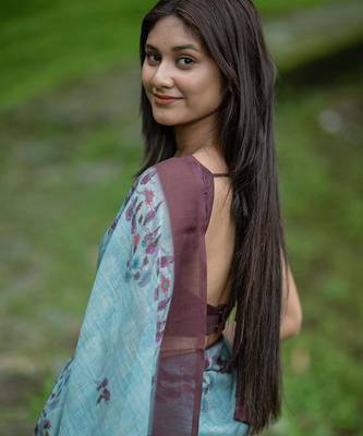 Dark blue brown linen printed zari work saree with blouse 3