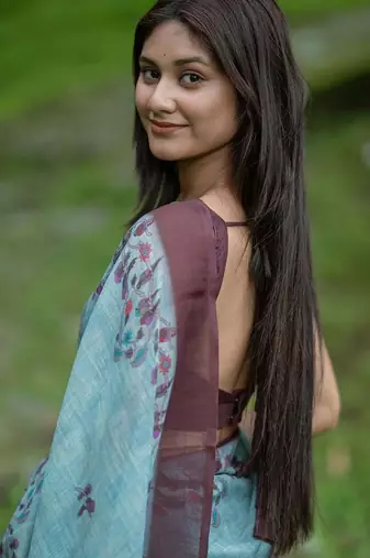 Dark blue brown linen printed zari work saree with blouse