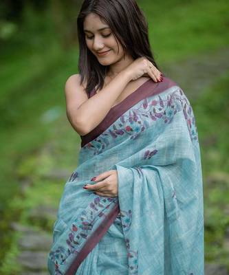 Dark blue brown linen printed zari work saree with blouse 4