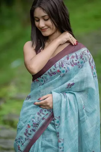 Dark blue brown linen printed zari work saree with blouse