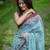 Dark blue brown linen printed zari work saree with blouse