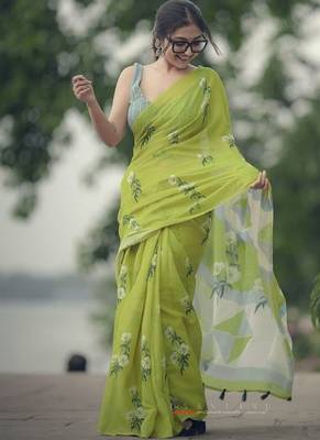 Dark green linen printed zari work saree with blouse 1
