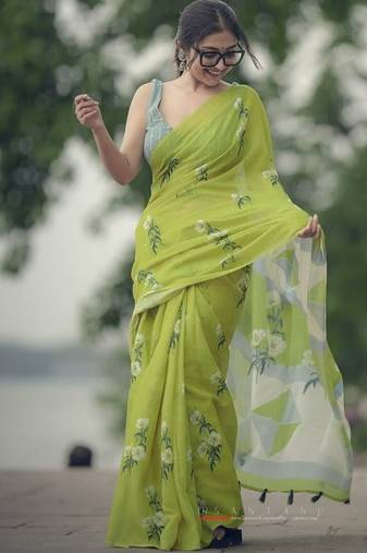 Dark green linen printed zari work saree with blouse