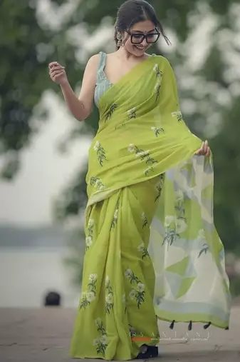 Dark green linen printed zari work saree with blouse