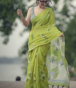 Dark green linen printed zari work saree with blouse