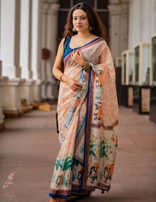 Pink linen printed zari work saree with blouse 1