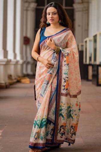 Pink linen printed zari work saree with blouse