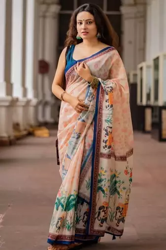 Pink linen printed zari work saree with blouse