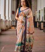 Pink linen printed zari work saree with blouse